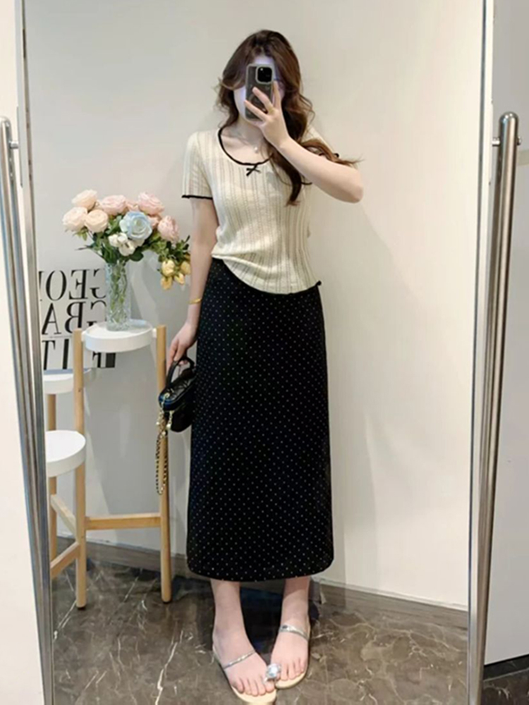 Lightweight Plus Size Hollow Knit Top for Women, Flattering Summer Style, Polka Dot Skirt, Elegant Two-Piece Set, Curvy Fit Lightweight Plus Size Hollow Knit Top for Women, Flattering Summer Style, Polka Dot Skirt, Elegant Two-Piece Set, Curvy Fit