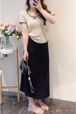 Lightweight Plus Size Hollow Knit Top for Women, Flattering Summer Style, Polka Dot Skirt, Elegant Two-Piece Set, Curvy Fit