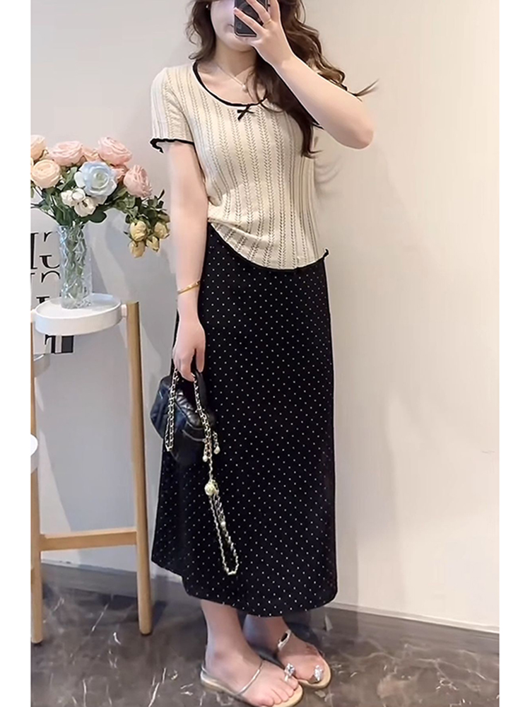 Lightweight Plus Size Hollow Knit Top for Women, Flattering Summer Style, Polka Dot Skirt, Elegant Two-Piece Set, Curvy Fit Lightweight Plus Size Hollow Knit Top for Women, Flattering Summer Style, Polka Dot Skirt, Elegant Two-Piece Set, Curvy Fit