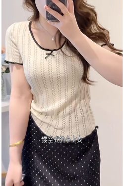 Lightweight Plus Size Hollow Knit Top for Women, Flattering Summer Style, Polka Dot Skirt, Elegant Two-Piece Set, Curvy Fit