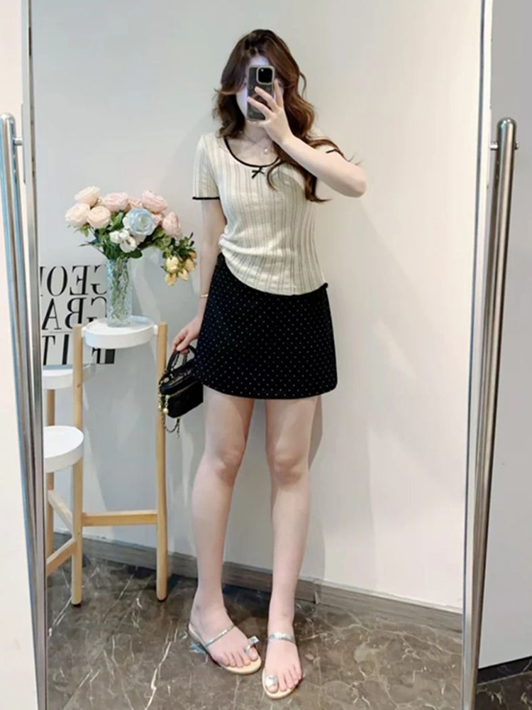 Lightweight Plus Size Hollow Knit Top for Women, Flattering Summer Style, Polka Dot Skirt, Elegant Two-Piece Set, Curvy Fit Lightweight Plus Size Hollow Knit Top for Women, Flattering Summer Style, Polka Dot Skirt, Elegant Two-Piece Set, Curvy Fit