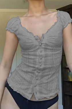 Lightweight Ruffled Chiffon Short Sleeve Women's Pleated Button-Down T-Shirt - Breathable Hollow-Out Design for Slimming Y2K Style