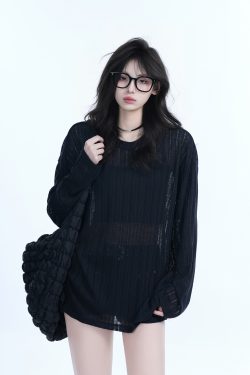 Lightweight Sheer Black Long-Sleeve Cover-Up for Women - American Retro Spring Loose Knit Top