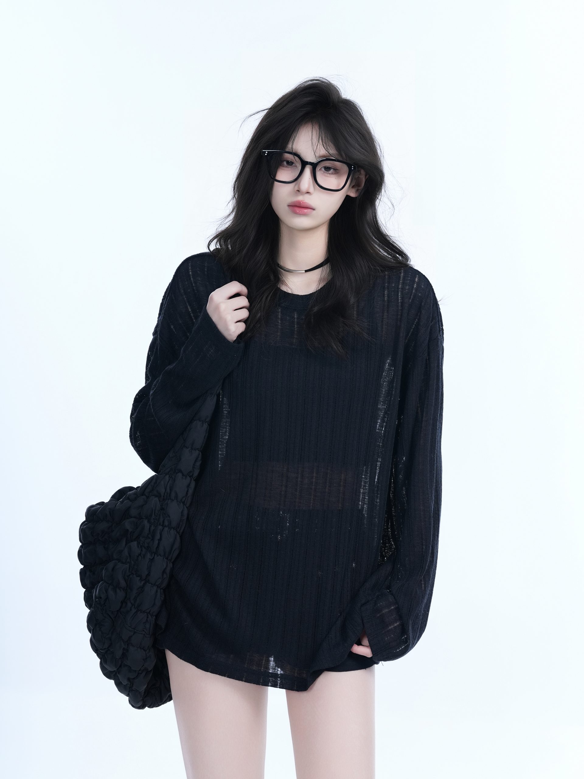 Lightweight Sheer Black Long-Sleeve Cover-Up for Women - American Retro Spring Loose Knit Top Lightweight Sheer Black Long-Sleeve Cover-Up for Women - American Retro Spring Loose Knit Top