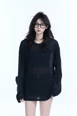 Lightweight Sheer Black Long-Sleeve Cover-Up for Women - American Retro Spring Loose Knit Top