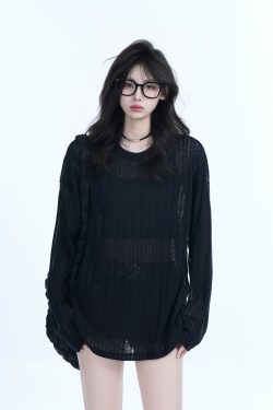 Lightweight Sheer Black Long-Sleeve Cover-Up for Women - American Retro Spring Loose Knit Top