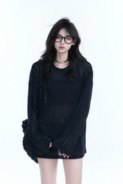 Lightweight Sheer Black Long-Sleeve Cover-Up for Women - American Retro Spring Loose Knit Top