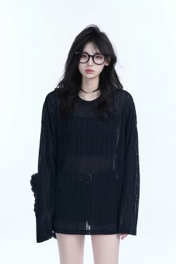 Lightweight Sheer Black Long-Sleeve Cover-Up for Women - American Retro Spring Loose Knit Top