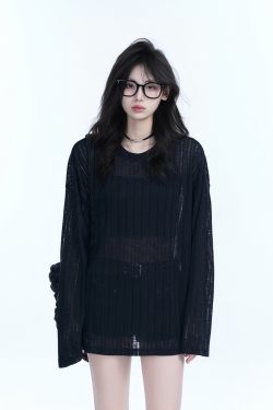 Lightweight Sheer Black Long-Sleeve Cover-Up for Women - American Retro Spring Loose Knit Top