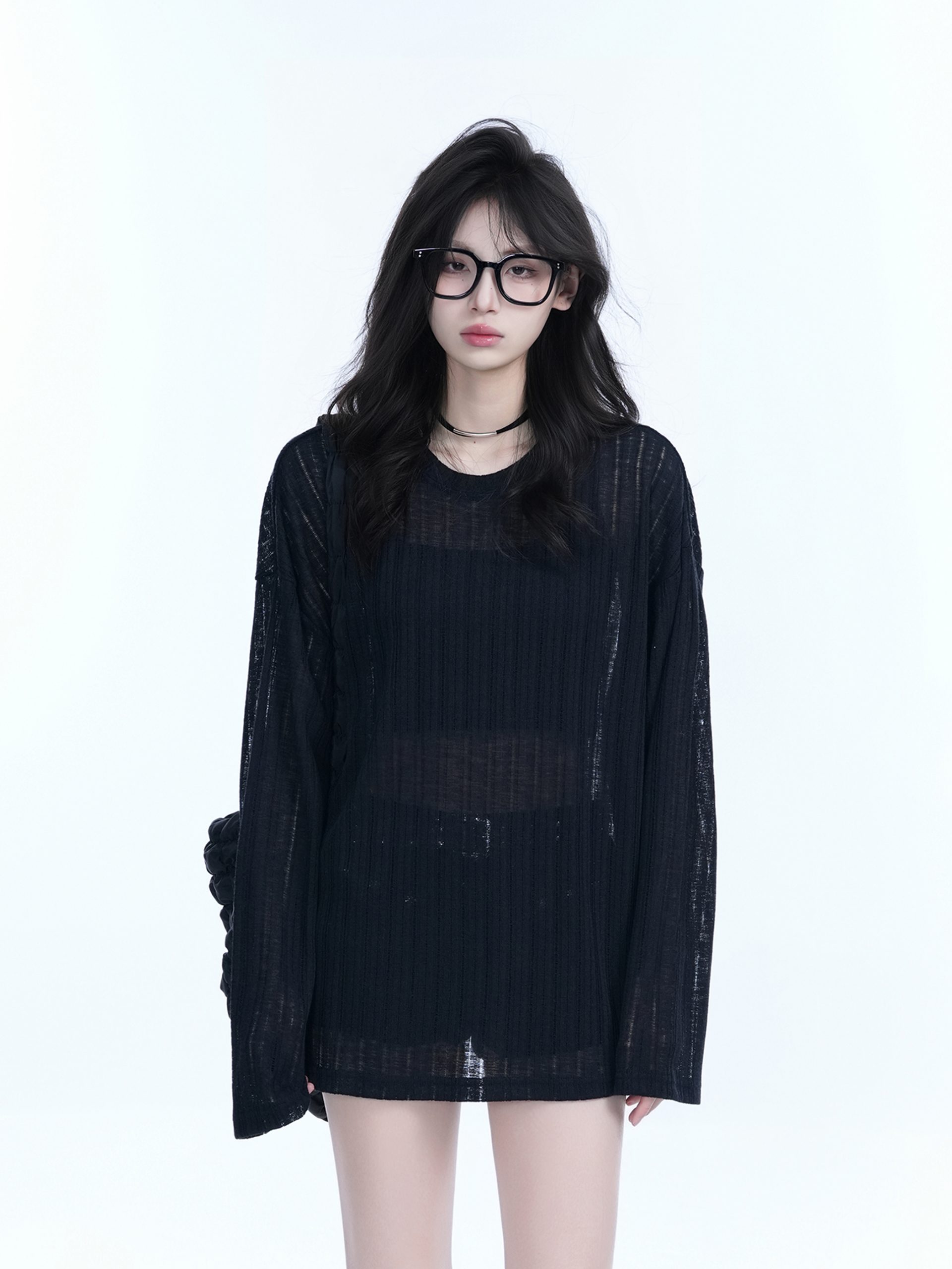 Lightweight Sheer Black Long-Sleeve Cover-Up for Women - American Retro Spring Loose Knit Top Lightweight Sheer Black Long-Sleeve Cover-Up for Women - American Retro Spring Loose Knit Top