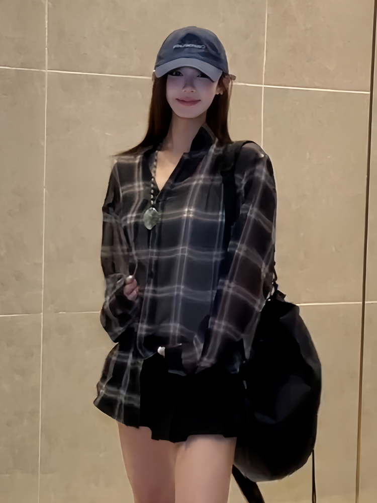 Lightweight Sheer Long Sleeve Plaid Shirt Jacket for Women - American Style Loose Top for Spring and Summer Fashion Lightweight Sheer Long Sleeve Plaid Shirt Jacket for Women - American Style Loose Top for Spring and Summer Fashion