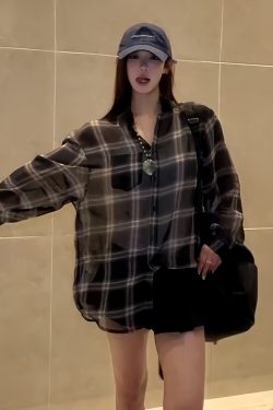 Lightweight Sheer Long Sleeve Plaid Shirt Jacket for Women - American Style Loose Top for Spring and Summer Fashion