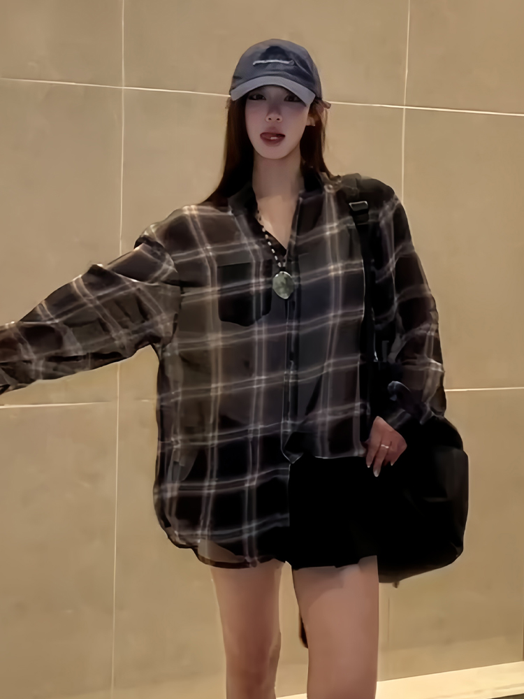 Lightweight Sheer Long Sleeve Plaid Shirt Jacket for Women - American Style Loose Top for Spring and Summer Fashion Lightweight Sheer Long Sleeve Plaid Shirt Jacket for Women - American Style Loose Top for Spring and Summer Fashion