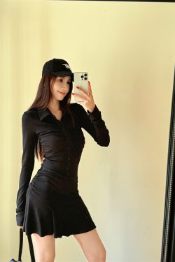 Lightweight Sporty Slim Waist Pleated A-Line Dress for Women, Spring Polo Collar Long Sleeve Style, Casual Chic Look