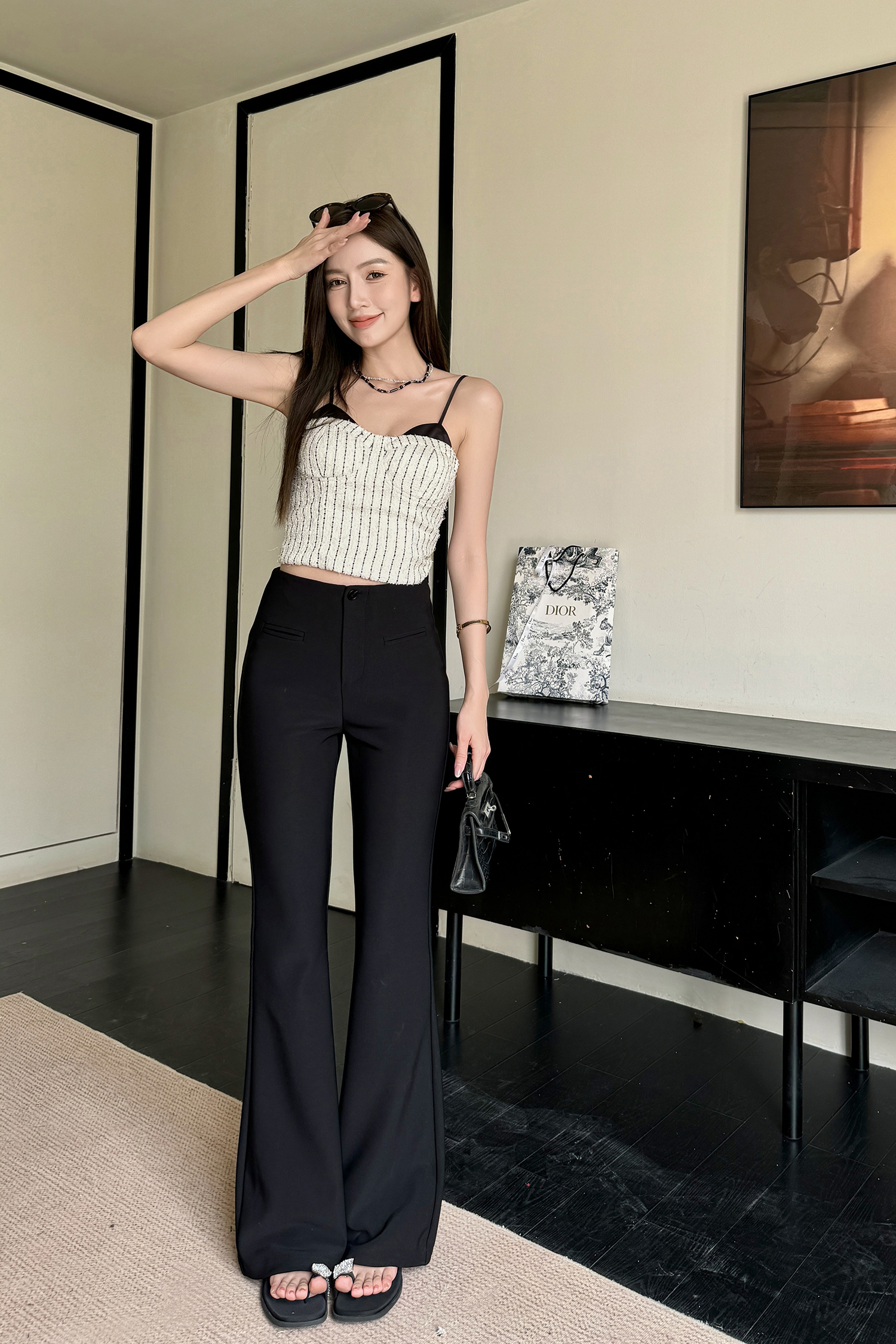 Lightweight Summer High-Waisted One-Button Slim-Fit Stretchy Floor-Length Flared Pants