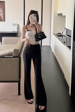 Lightweight Summer High-Waisted One-Button Slim-Fit Stretchy Floor-Length Flared Pants