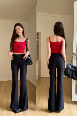 Lightweight Summer High-Waisted One-Button Slim-Fit Stretchy Floor-Length Flared Pants