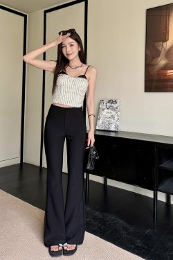 Lightweight Summer High-Waisted One-Button Slim-Fit Stretchy Floor-Length Flared Pants