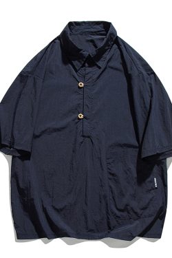Lightweight Summer Japanese-Style Solid Color Polo Shirt for Men and Women - Retro Pocket Half-Sleeve Outdoor Trend