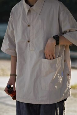 Lightweight Summer Japanese-Style Solid Color Polo Shirt for Men and Women - Retro Pocket Half-Sleeve Outdoor Trend