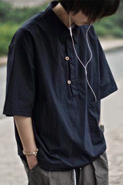 Lightweight Summer Japanese-Style Solid Color Polo Shirt for Men and Women - Retro Pocket Half-Sleeve Outdoor Trend