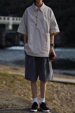 Lightweight Summer Japanese-Style Solid Color Polo Shirt for Men and Women - Retro Pocket Half-Sleeve Outdoor Trend