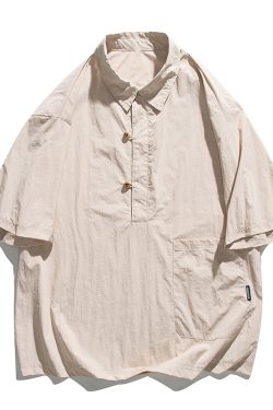 Lightweight Summer Japanese-Style Solid Color Polo Shirt for Men and Women - Retro Pocket Half-Sleeve Outdoor Trend