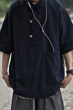 Lightweight Summer Japanese-Style Solid Color Polo Shirt for Men and Women - Retro Pocket Half-Sleeve Outdoor Trend