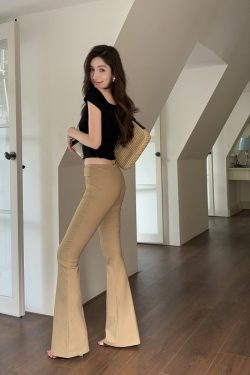 Lightweight Summer Khaki Flared Pants for Tall Women - Mid-Low Waist, Elastic Slim-Fit, American Style