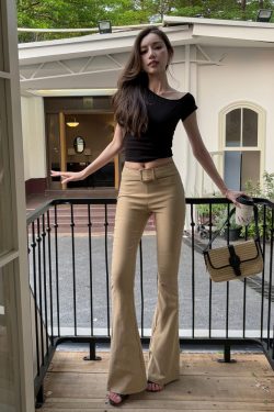 Lightweight Summer Khaki Flared Pants for Tall Women - Mid-Low Waist, Elastic Slim-Fit, American Style