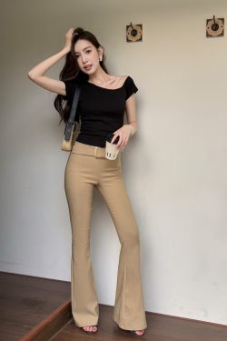 Lightweight Summer Khaki Flared Pants for Tall Women - Mid-Low Waist, Elastic Slim-Fit, American Style