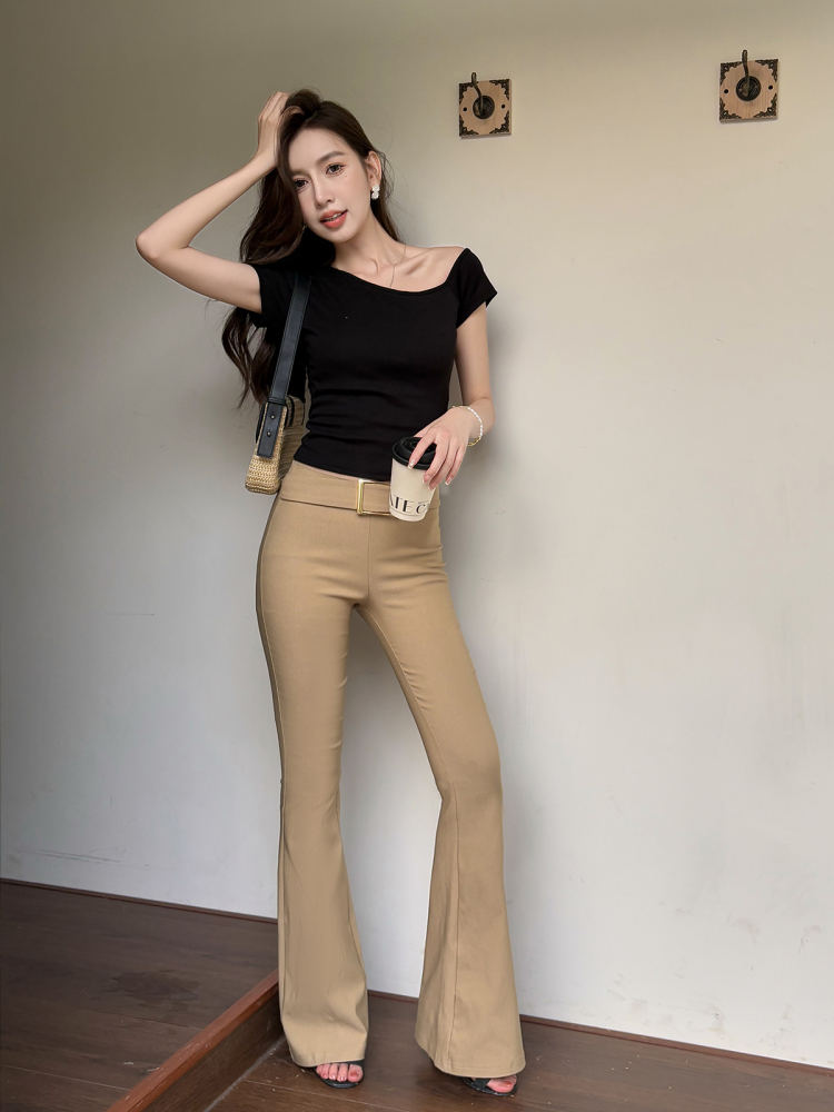 Lightweight Summer Khaki Flared Pants for Tall Women - Mid-Low Waist, Elastic Slim-Fit, American Style Lightweight Summer Khaki Flared Pants for Tall Women - Mid-Low Waist, Elastic Slim-Fit, American Style