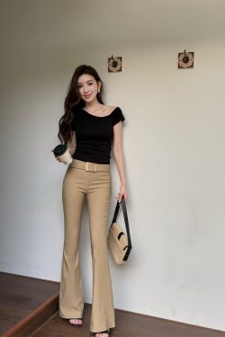 Lightweight Summer Khaki Flared Pants for Tall Women - Mid-Low Waist, Elastic Slim-Fit, American Style