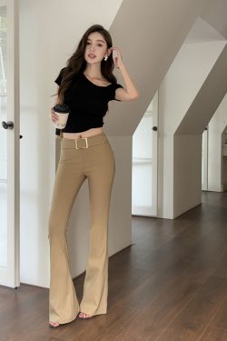 Lightweight Summer Khaki Flared Pants for Tall Women - Mid-Low Waist, Elastic Slim-Fit, American Style