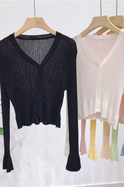 Lightweight V-Neck Knit Cardigan, Ribbed Ice Silk Short Outerwear, Sun Protection Cover-Up Top for Spring and Summer Fashion