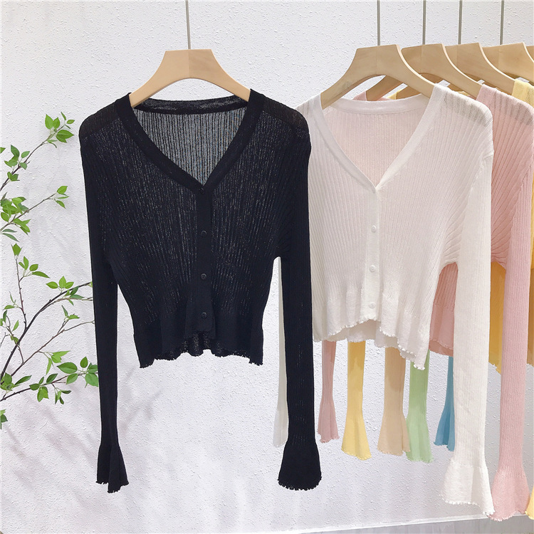 Lightweight V-Neck Knit Cardigan, Ribbed Ice Silk Short Outerwear, Sun Protection Cover-Up Top for Spring and Summer Fashion Lightweight V-Neck Knit Cardigan, Ribbed Ice Silk Short Outerwear, Sun Protection Cover-Up Top for Spring and Summer Fashion