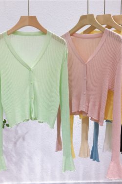 Lightweight V-Neck Knit Cardigan, Ribbed Ice Silk Short Outerwear, Sun Protection Cover-Up Top for Spring and Summer Fashion