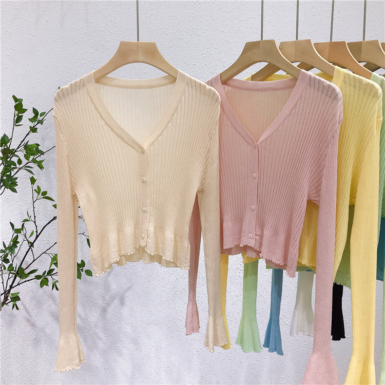 Lightweight V-Neck Knit Cardigan, Ribbed Ice Silk Short Outerwear, Sun Protection Cover-Up Top for Spring and Summer Fashion Lightweight V-Neck Knit Cardigan, Ribbed Ice Silk Short Outerwear, Sun Protection Cover-Up Top for Spring and Summer Fashion