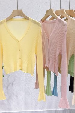 Lightweight V-Neck Knit Cardigan, Ribbed Ice Silk Short Outerwear, Sun Protection Cover-Up Top for Spring and Summer Fashion