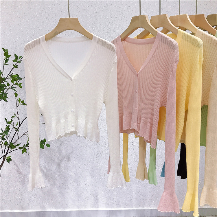 Lightweight V-Neck Knit Cardigan, Ribbed Ice Silk Short Outerwear, Sun Protection Cover-Up Top for Spring and Summer Fashion Lightweight V-Neck Knit Cardigan, Ribbed Ice Silk Short Outerwear, Sun Protection Cover-Up Top for Spring and Summer Fashion