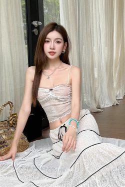 Lightweight White Bow Lace Camisole - Soft Mesh Fitted Sleeveless Inner Top for Y2K and Korean Style Fashion