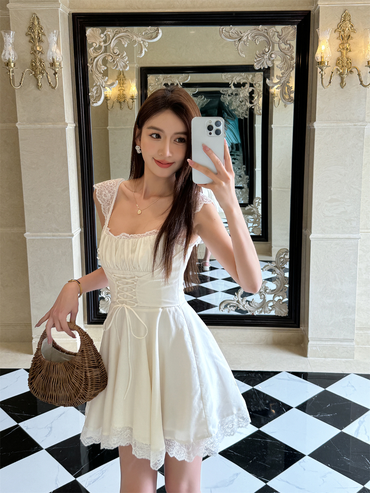 Lightweight White Lace Spaghetti Strap Dress for Women - Summer French Style with Waist-Cinching Design and Flared Short Skirt Lightweight White Lace Spaghetti Strap Dress for Women - Summer French Style with Waist-Cinching Design and Flared Short Skirt