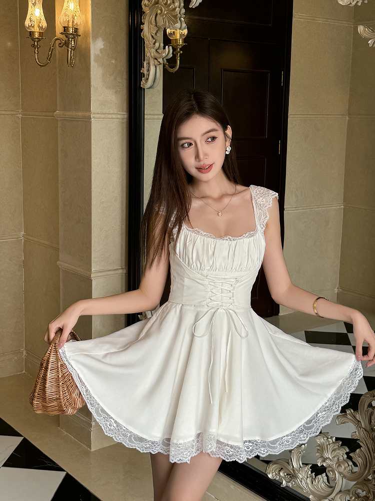 Lightweight White Lace Spaghetti Strap Dress for Women - Summer French Style with Waist-Cinching Design and Flared Short Skirt Lightweight White Lace Spaghetti Strap Dress for Women - Summer French Style with Waist-Cinching Design and Flared Short Skirt