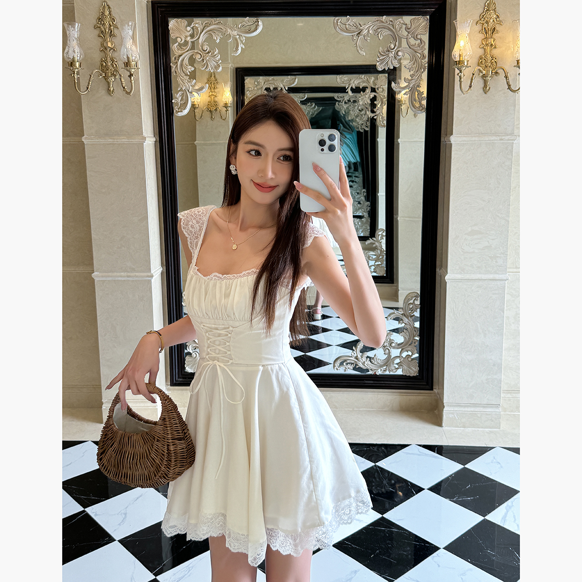 Lightweight White Lace Spaghetti Strap Dress for Women - Summer French Style with Waist-Cinching Design and Flared Short Skirt Lightweight White Lace Spaghetti Strap Dress for Women - Summer French Style with Waist-Cinching Design and Flared Short Skirt