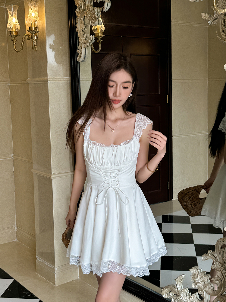 Lightweight White Lace Spaghetti Strap Dress for Women - Summer French Style with Waist-Cinching Design and Flared Short Skirt Lightweight White Lace Spaghetti Strap Dress for Women - Summer French Style with Waist-Cinching Design and Flared Short Skirt