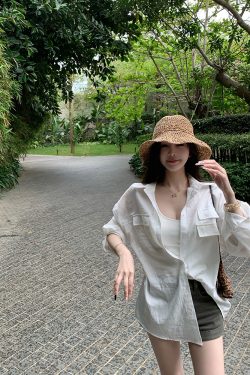 Long Sleeve Imitation Linen Shirt for Women - White Loose Summer Top with Sun Protection - Casual Intellectual Relaxation Style