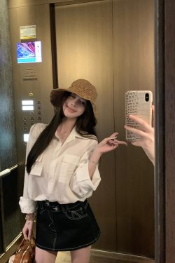 Long Sleeve Imitation Linen Shirt for Women - White Loose Summer Top with Sun Protection - Casual Intellectual Relaxation Style