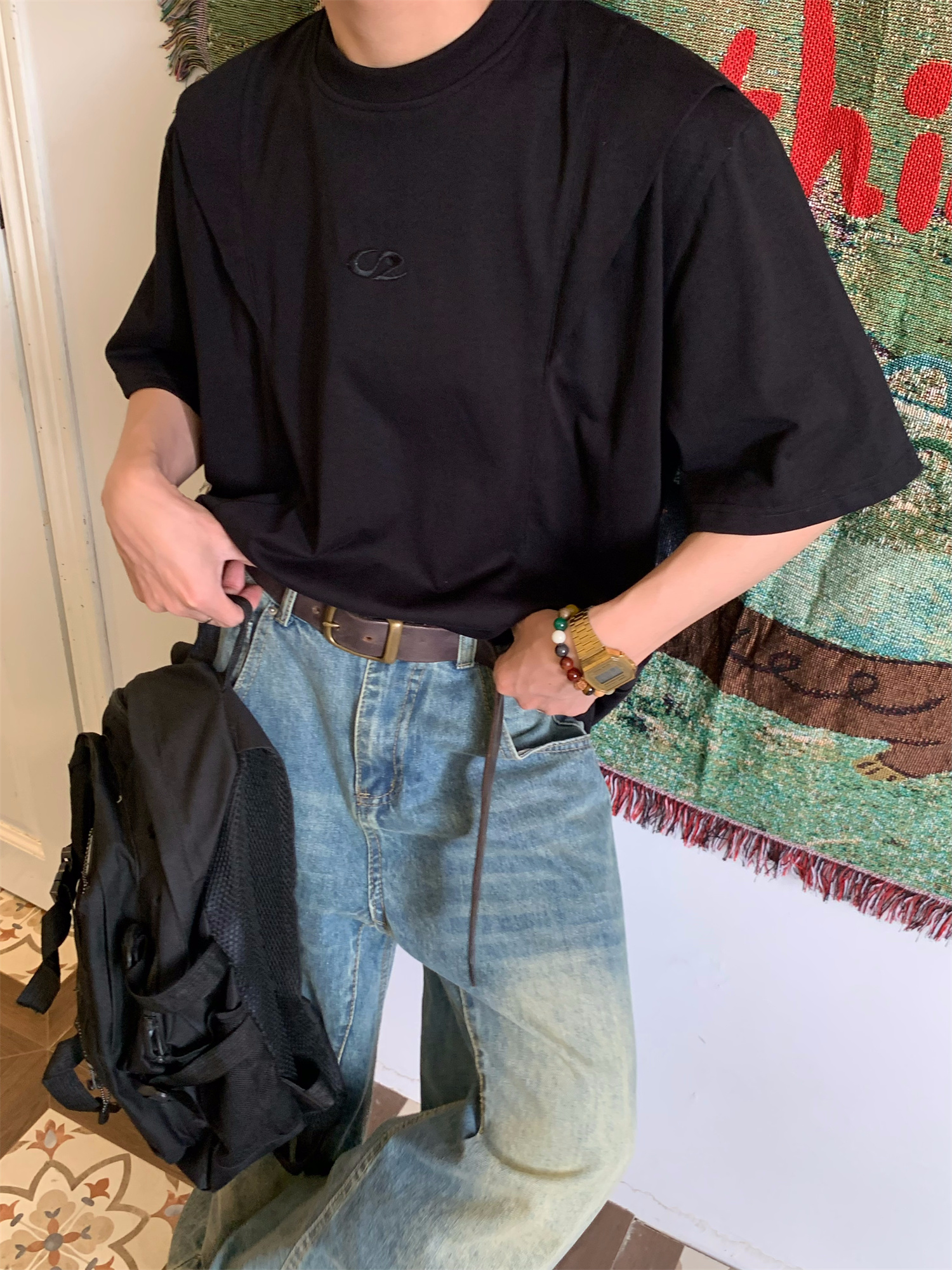 Loose American Cut Letter Embroidered Shoulder T-Shirt - Casual Short Sleeve Top for Mid-Summer Style, Cool Feel, Trendy Fashion Loose American Cut Letter Embroidered Shoulder T-Shirt - Casual Short Sleeve Top for Mid-Summer Style, Cool Feel, Trendy Fashion