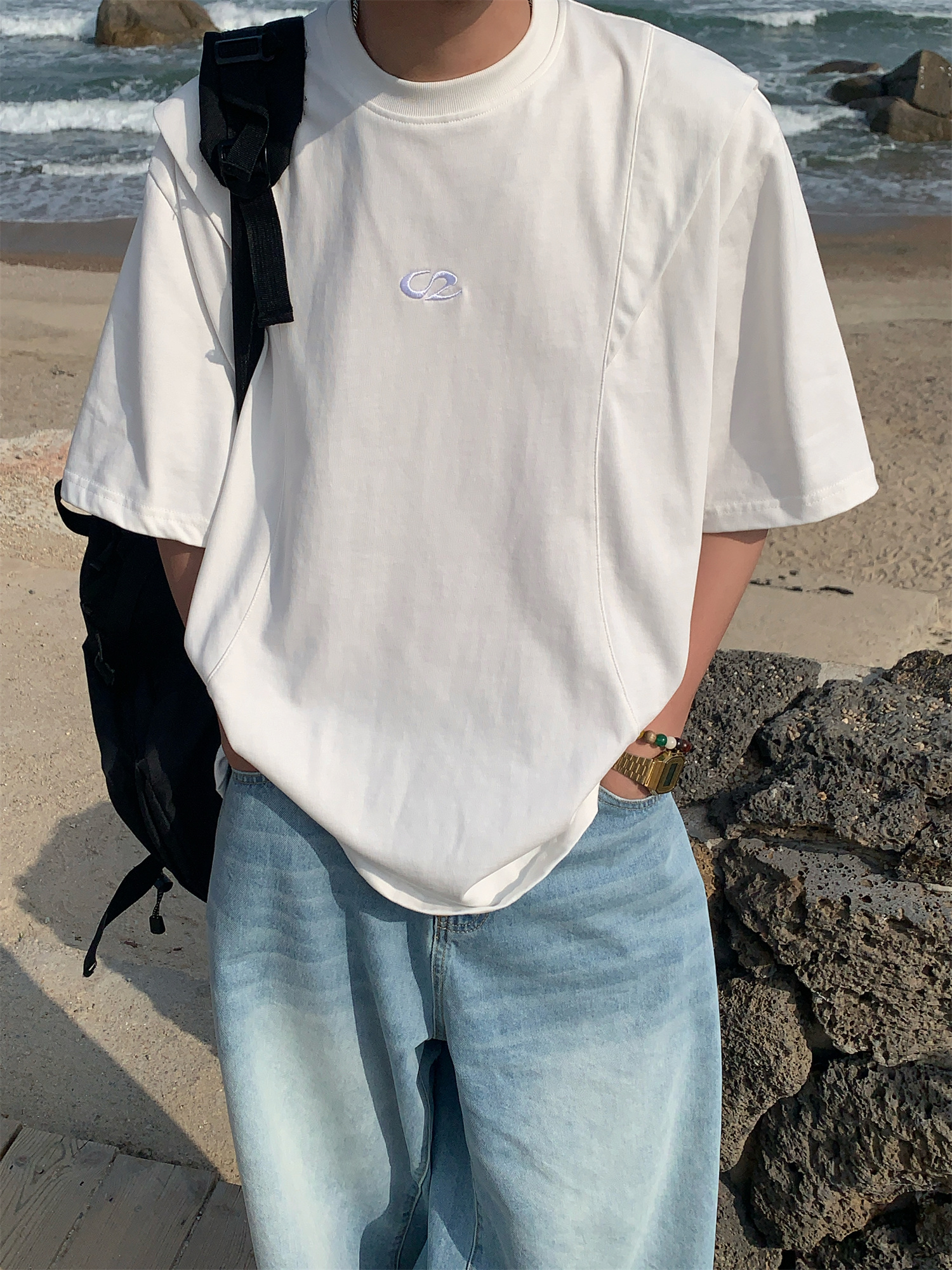 Loose American Cut Letter Embroidered Shoulder T-Shirt - Casual Short Sleeve Top for Mid-Summer Style, Cool Feel, Trendy Fashion Loose American Cut Letter Embroidered Shoulder T-Shirt - Casual Short Sleeve Top for Mid-Summer Style, Cool Feel, Trendy Fashion