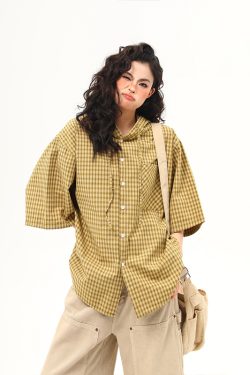 Loose Blue Plaid Hooded Short-Sleeve Shirt for Women - Versatile Summer Literary College Style